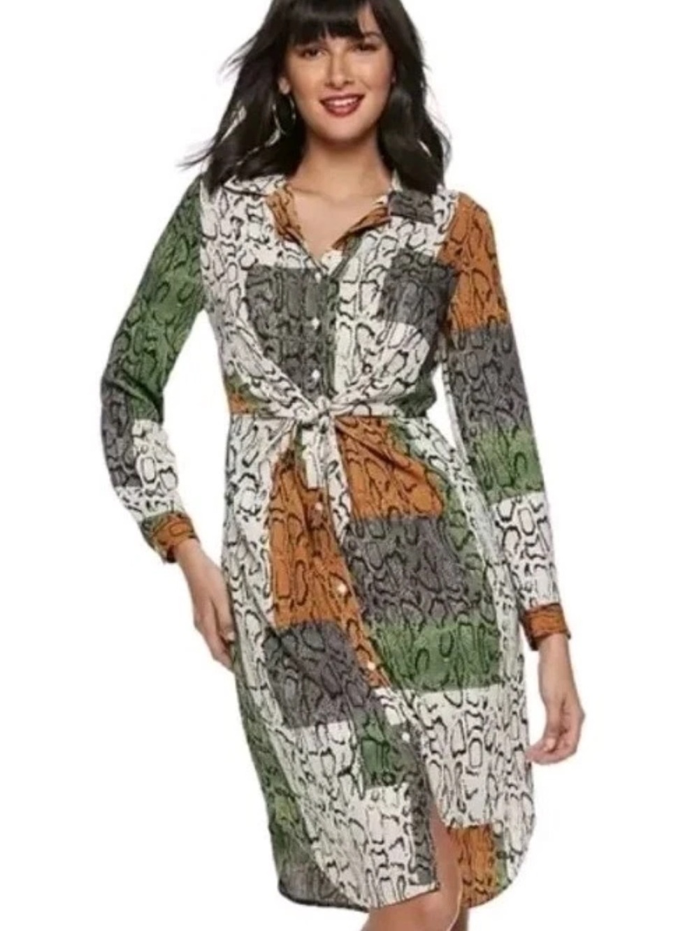 Nine West Green, Orange & Gray Printed Button-Front Tie-Waist Shirt Dress